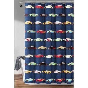 Lush Decor Race Cars Shower Curtain Navy Blue‎ Red Green Automotive Theme NEW